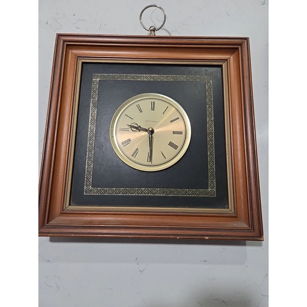Vintage‎ MCM Gold / Black Waltham Wall Hanging Clock Square Wood Frame